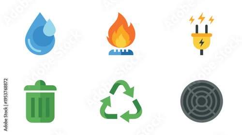 Set of public utility icons: water, gas, electricity, trash, recycle, drain