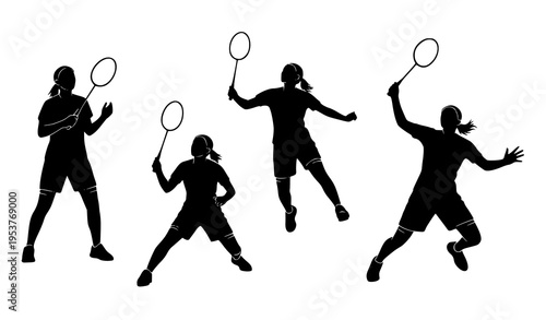 Female badminton player silhouette pose set vector minimal sports action collection isolated on white background