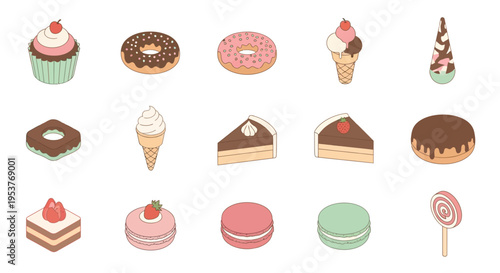 Assortment of Sweet Treats: Cupcakes, Donuts, Ice Cream, Cake, Macarons, and Lollipop