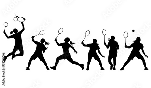 Black female badminton silhouette collection vector with dynamic action poses isolated on white background