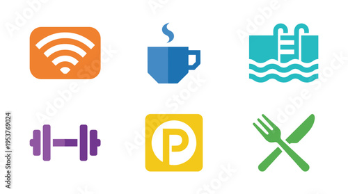 Set of six hotel amenity icons in flat design style