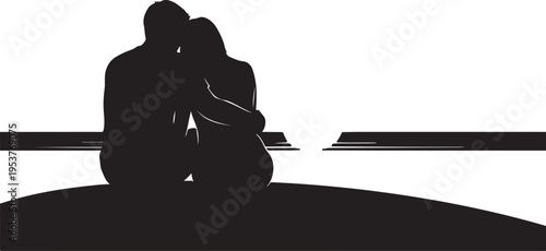 Silhouette of a loving couple embracing together at night