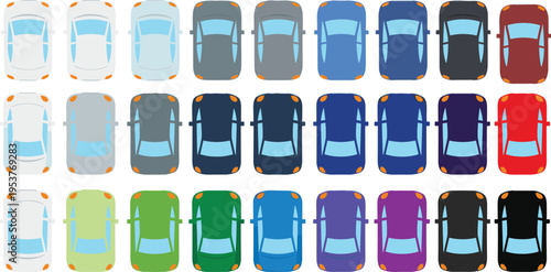 Top view collection of colorful cars arranged in grid pattern, showcasing diverse automotive shades for design, marketing, transportation, and creative stock photography purposes.