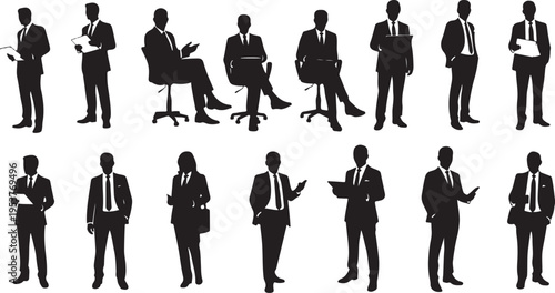 Silhouettes of business professionals in various poses and settings