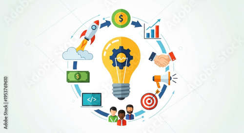 Startup Idea Generation and Business Development Cycle with Lightbulb and Gears.