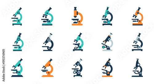 Illustrated scientific microscopes in diverse colors and stylized for educational applications