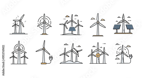 Illustrated Set of Wind Turbines Depicting Renewable Energy Sources and Sustainable Power
