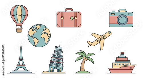 Illustrated travel essentials with global landmarks and transportation icons for adventure