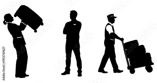 Hotel Staff Silhouettes with Luggage and Cart on White Background