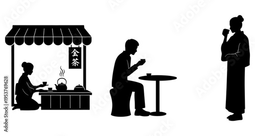Japanese Tea Ceremony Scene Silhouette with People Drinking Tea at Stall and Table
