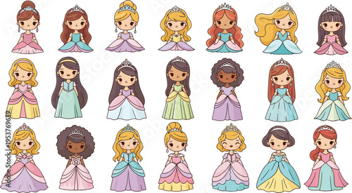 Cute princess characters set vector illustration colorful cartoon girls wearing dresses crowns fairytale collection children fantasy design adorable royal kids clipart bundle