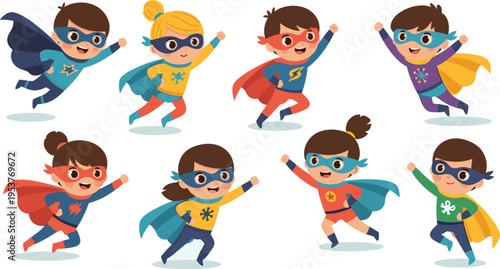 Cute superhero kids characters vector illustration colorful cartoon children flying heroes playful costume design fun action poses comic style fantasy collection
