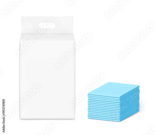 Realistic stand bag with changing mats stack mockup. Half side view. Vector illustration isolated on white background. Suite for the presentation of diapers, wet wipes, pants changing mats. EPS10.