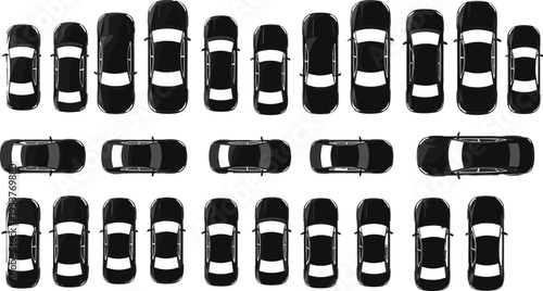 Top-down view of thirty identical black cars arranged in three neat rows, showcasing uniform automotive silhouettes for design, transport planning, and creative stock purposes.
