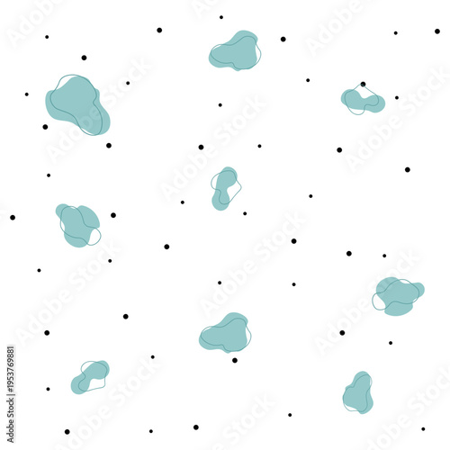 Seamless abstract pattern isolated on transparent background featuring modern organic shapes in soft blue tones combined with scattered black dots. 
