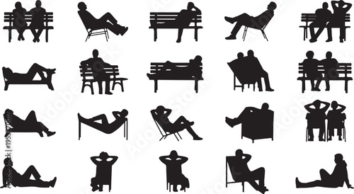 Silhouettes of people relaxing on benches and chairs outdoors