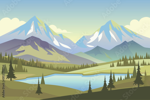 Scenic landscape featuring majestic mountains and a tranquil lake