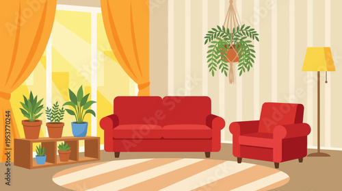 A cozy and brightly lit living room interior with red furniture, various potted plants, and warm orange curtains.