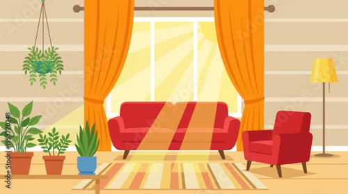 A cozy and brightly lit living room interior with a red sofa, armchair, potted plants, and orange curtains, bathed in warm sunlight.