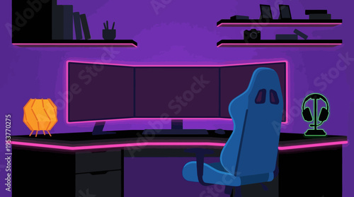 A modern gaming room setup featuring three monitors, a blue ergonomic gaming chair, and vibrant purple neon lighting accents.