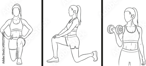 Woman in three poses wearing athletic clothing sports bra shorts leggings