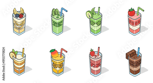 Illustrated Isometric Array of Refreshing Layered Smoothies with Fruit and Straws, Tasty