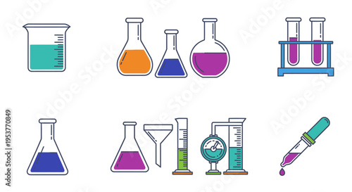 Illustrated laboratory equipment in science experiments, colorful tools for research work