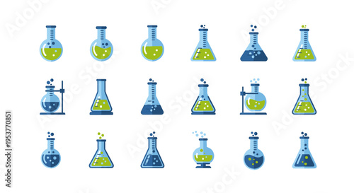 Illustrated laboratory glassware collection: beakers, flasks, and experimental apparatus