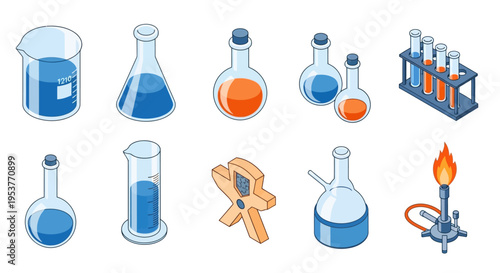 Illustrated scientific laboratory tools and equipment against a white backdrop for chemistry lessons
