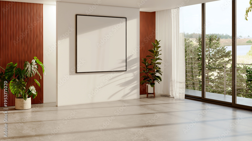 Naklejka premium Large luxury modern bright interiors Living room mockup illustration 3D rendering Generated Color Image