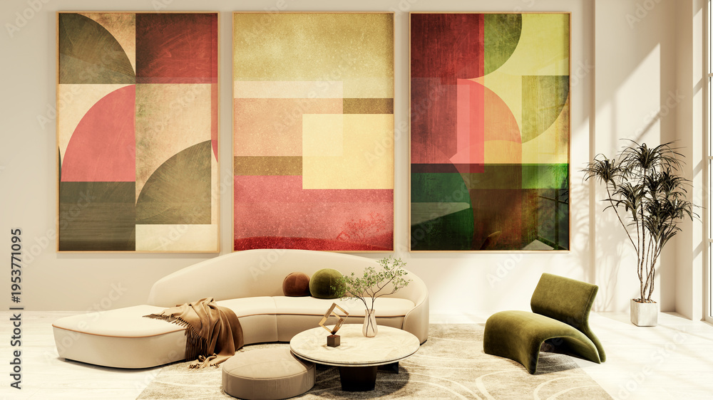 Naklejka premium Large luxury modern bright interiors Living room mockup illustration 3D rendering Generated Color Image