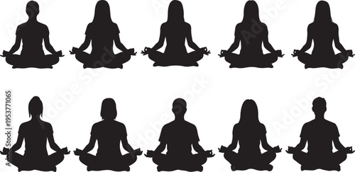 Silhouettes of people meditating in lotus position together calmly