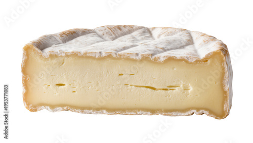 Delicious creamy soft cheese cross-section, showing its rich texture and bloomy rind, perfectly isolated PNG for culinary designs