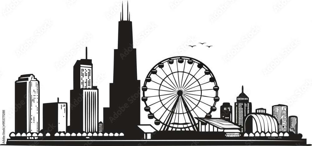 Obraz premium Chicago skyline vector silhouette featuring Willis Tower, John Hancock Centre, Navy Pier Ferris Wheel