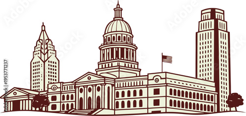 Austin skyline vector silhouette featuring Texas State Capitol, Frost Bank Tower, Austonian Tower
