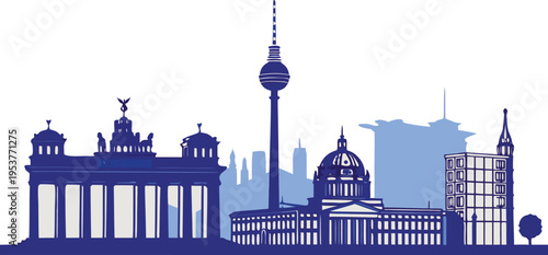 Berlin skyline vector silhouette featuring Brandenburg Gate, TV Tower, and Reichstag building, black silhouette on white background