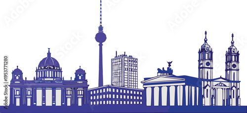Berlin skyline vector silhouette featuring Brandenburg Gate, TV Tower, and Reichstag building, clean minimalist skyline, balanced composition, white background
