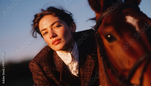 A young woman in equestrian attire poses with a horse during a warm, golden sunset, showcasing serene companionship.