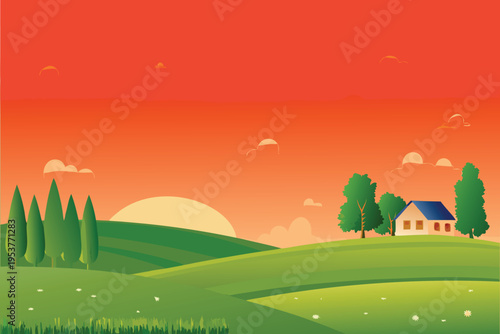 A serene landscape features a small house at sunset glow