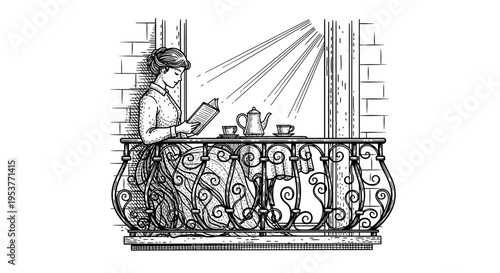 Woman reading on ornate balcony railing.