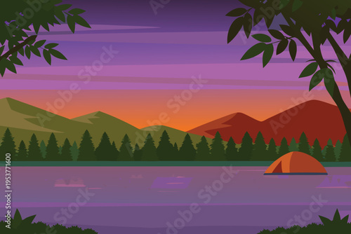 Scenic landscape featuring a tent by a tranquil lakeside