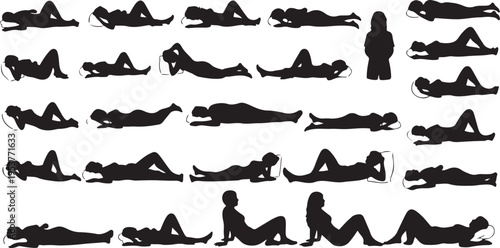 Yoga poses in black silhouette on white background various