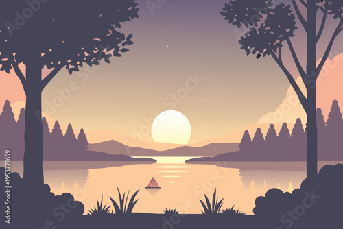 Serene lakeside landscape with a setting sun and small boat