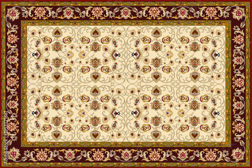 This image presents a traditional Persian carpet design featuring a symmetrical layout with a central medallion as the focal point.