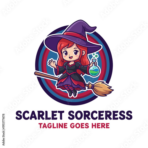 A whimsical depiction of a young sorceress flying on her broomstick holds a potion, showcasing magical elements in this enchanting and playful design for fantasy themes.