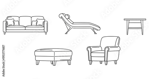 Outline furniture set: sofa chaise lounge armchair ottoman and table. Vector illustration