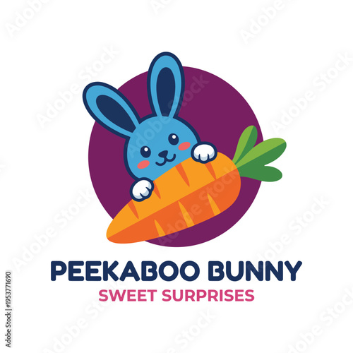 A playful bunny character peeking out from behind a large carrot, designed in vibrant blue and orange tones, perfect for brands targeting children or fun, wholesome products.