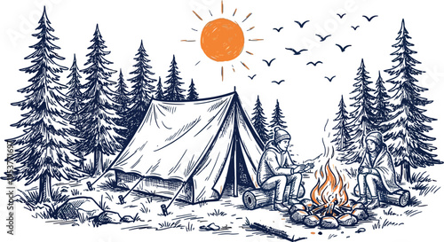 Two campers enjoying a serene evening by a forest campfire under a bright sun.