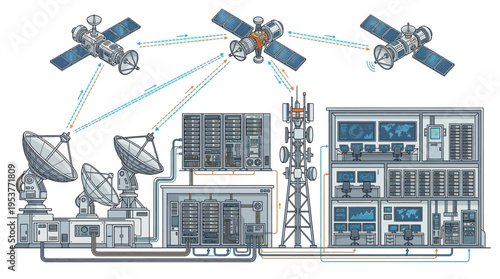 Telecommunications network infrastructure with satellite connections.