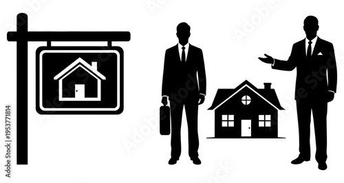 Real Estate Agents Silhouettes With House For Sale Sign and Property